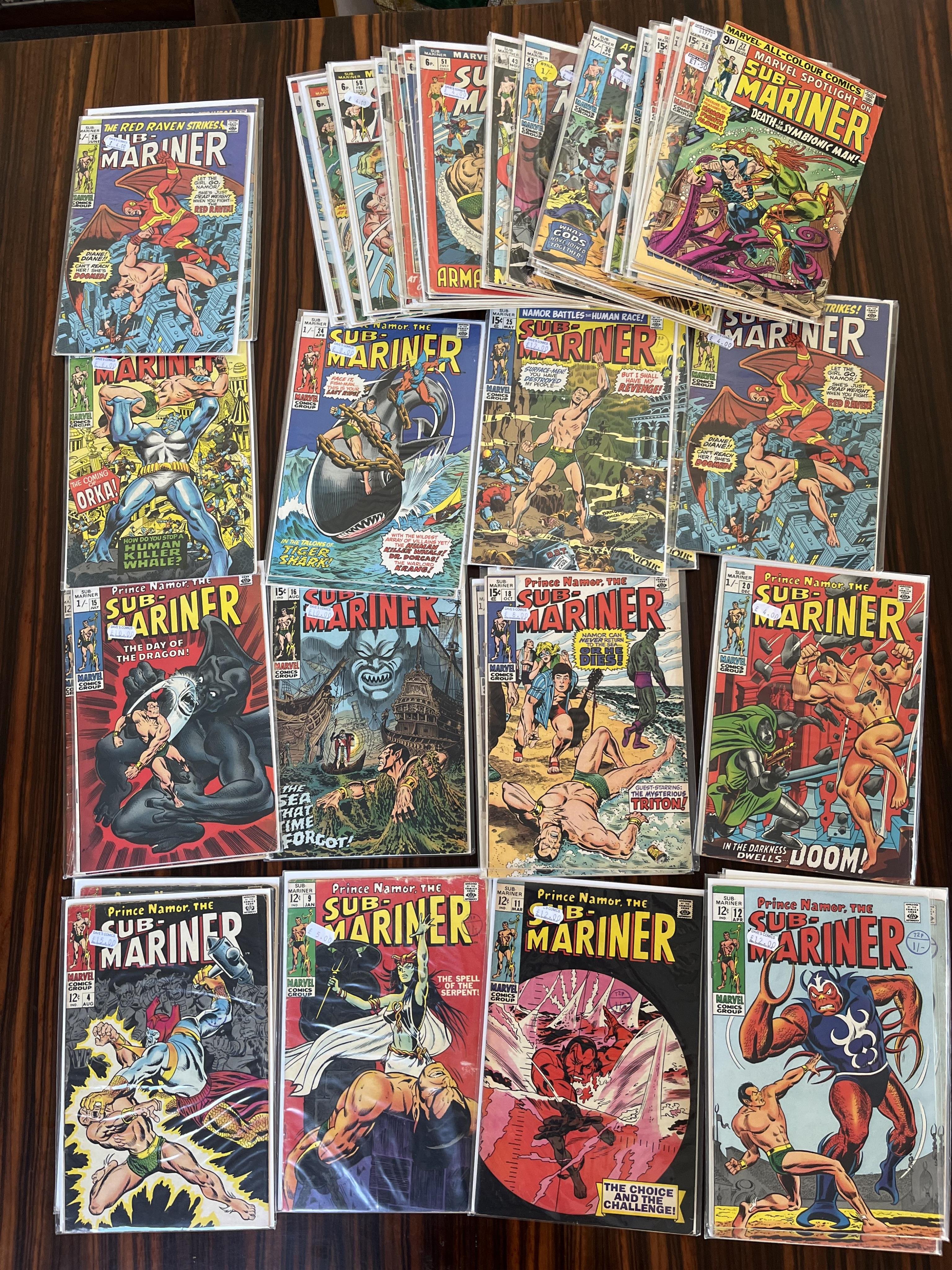 Sub-Mariner, Marvel comics, 56 issues, between #4–68, comprising, #4 x2, #9 [minor key], #11, #12A [minor key] x3, #12B [minor key], #15A, #15B, #16A, #18A, #18B, #20B, #23A [minor key], #24A, #24B, #25A, #25B, #26A [min